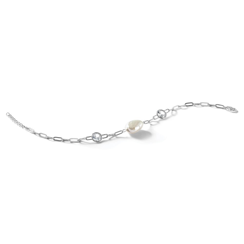 Sterling Silver Cheryl M Rh-Pltd CZ & Fwc Pearl & Link W/ .75in Ext Bracelet