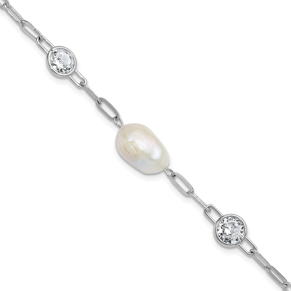 Sterling Silver Cheryl M Rh-Pltd CZ & Fwc Pearl & Link W/ .75in Ext Bracelet