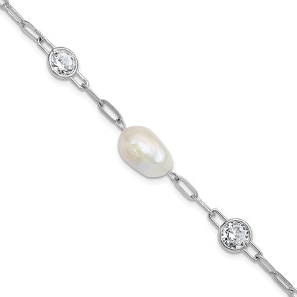 Sterling Silver Cheryl M Rh-Pltd CZ & Fwc Pearl & Link W/ .75in Ext Bracelet