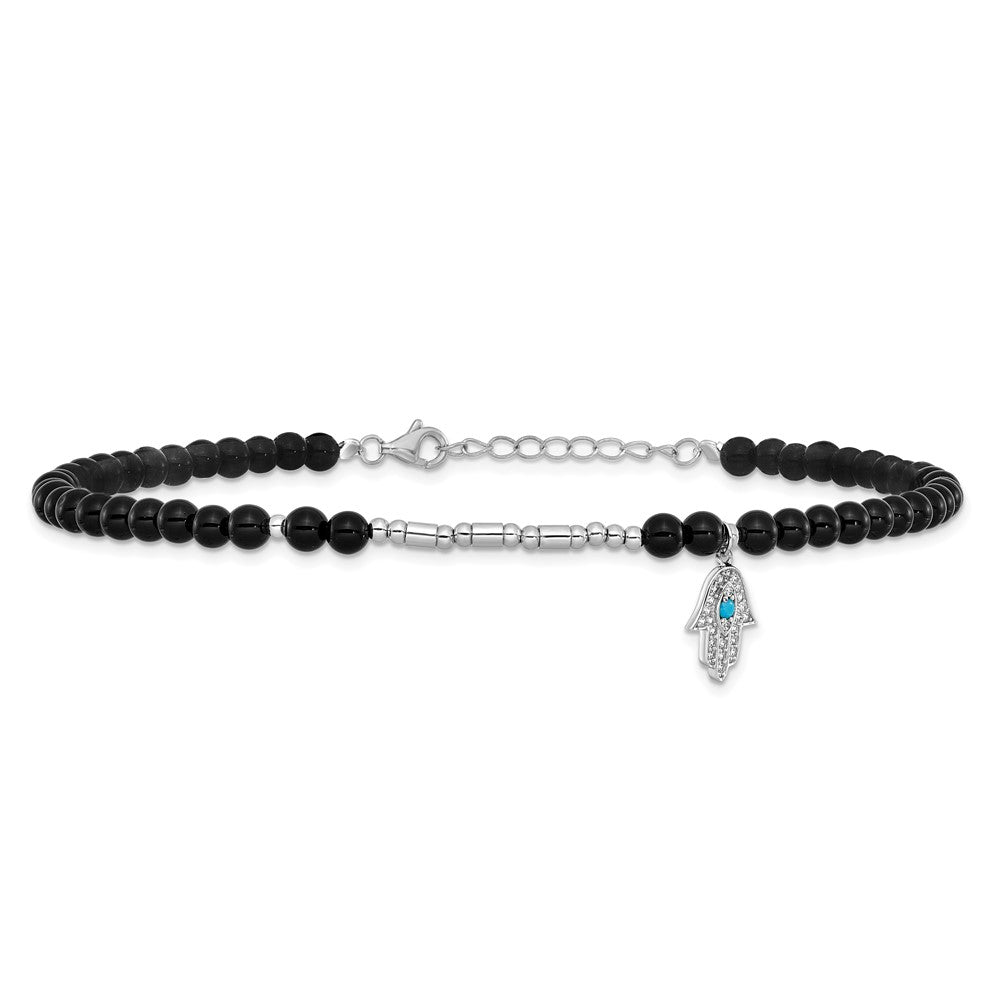 Sterling Silver Cheryl M Rh-Pltd Cz/crystal/onyx Hamsa 9.5in W/ 1in Ext Anklet
