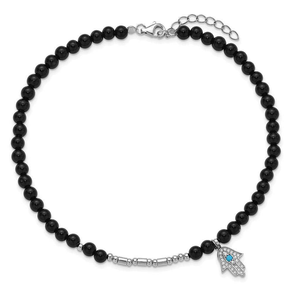 Sterling Silver Cheryl M Rh-Pltd Cz/crystal/onyx Hamsa 9.5in W/ 1in Ext Anklet