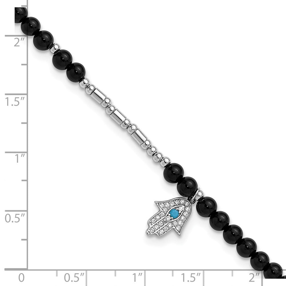 Sterling Silver Cheryl M Rh-Pltd Cz/crystal/onyx Hamsa 9.5in W/ 1in Ext Anklet