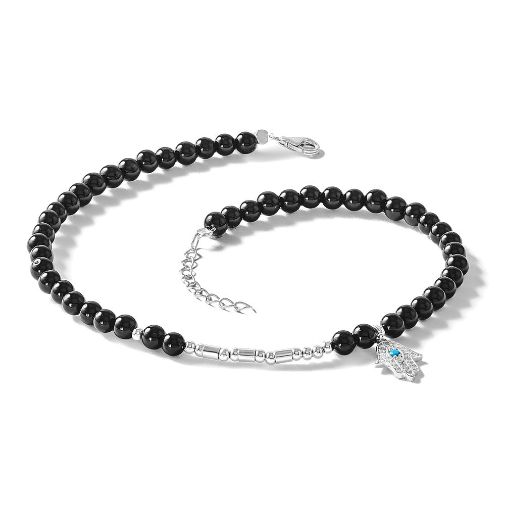 Sterling Silver Cheryl M Rh-Pltd Cz/crystal/onyx Hamsa 9.5in W/ 1in Ext Anklet