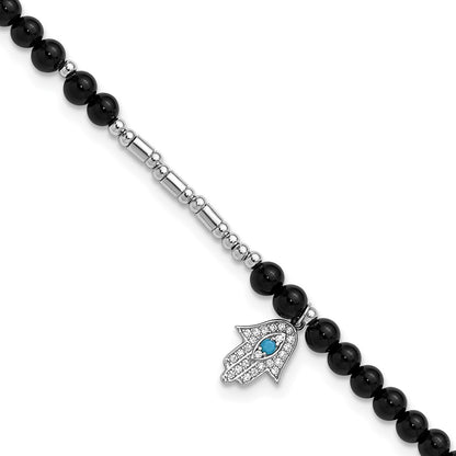 Sterling Silver Cheryl M Rh-Pltd Cz/crystal/onyx Hamsa 9.5in W/ 1in Ext Anklet