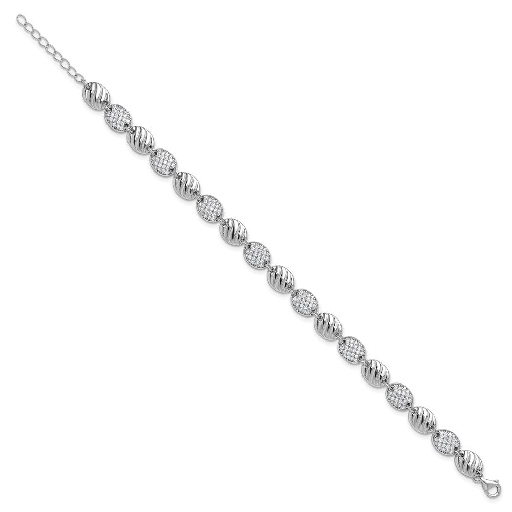 Sterling Silver Cheryl M Rhodium Plated Grooved CZ Ovals W/ 1in Ext Bracelet