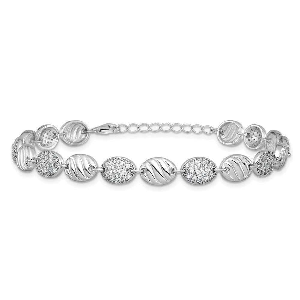 Sterling Silver Cheryl M Rhodium Plated Grooved CZ Ovals W/ 1in Ext Bracelet