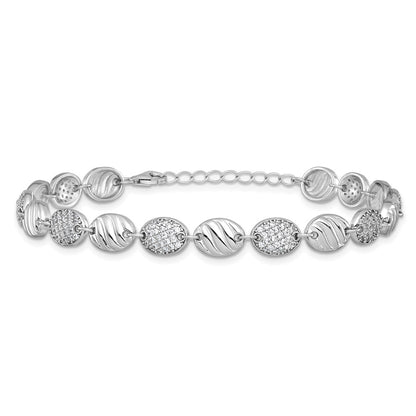 Sterling Silver Cheryl M Rhodium Plated Grooved CZ Ovals W/ 1in Ext Bracelet