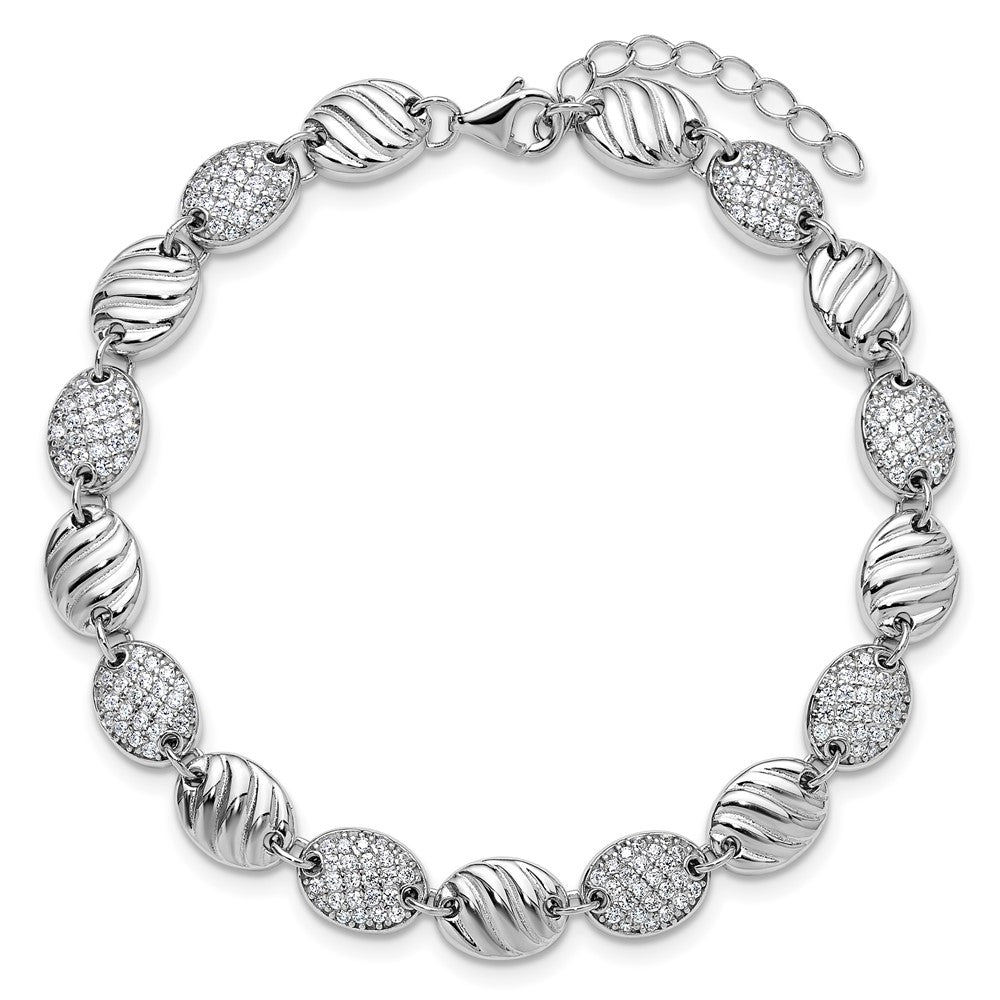 Sterling Silver Cheryl M Rhodium Plated Grooved CZ Ovals W/ 1in Ext Bracelet