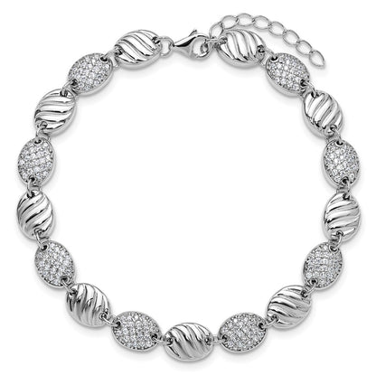 Sterling Silver Cheryl M Rhodium Plated Grooved CZ Ovals W/ 1in Ext Bracelet