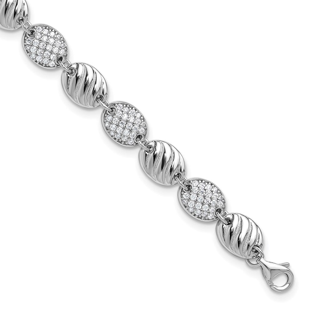 Sterling Silver Cheryl M Rhodium Plated Grooved CZ Ovals W/ 1in Ext Bracelet