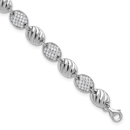 Sterling Silver Cheryl M Rhodium Plated Grooved CZ Ovals W/ 1in Ext Bracelet