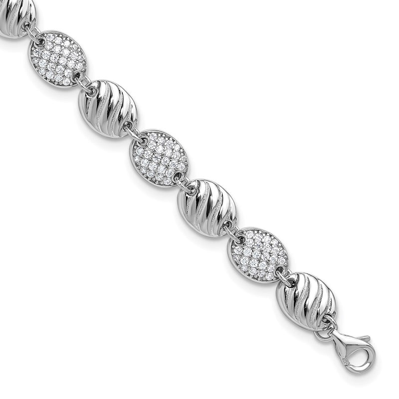Sterling Silver Cheryl M Rhodium Plated Grooved CZ Ovals W/ 1in Ext Bracelet