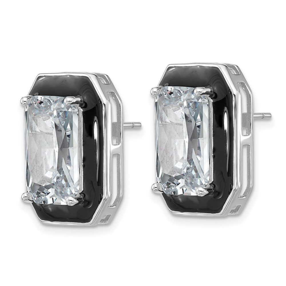 Sterling Silver Cheryl M Rhodium Plated Polished Black Enamel & CZ Post Earrings