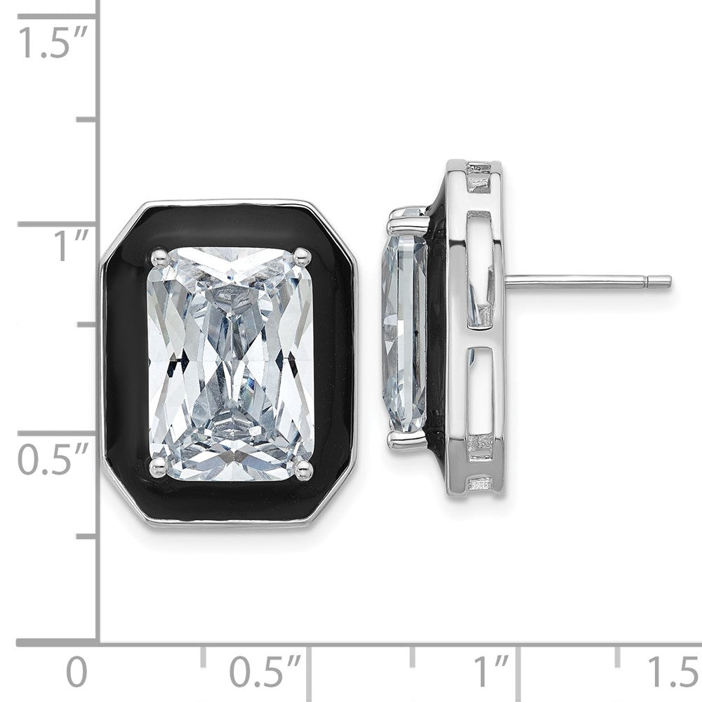 Sterling Silver Cheryl M Rhodium Plated Polished Black Enamel & CZ Post Earrings