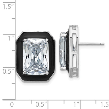 Sterling Silver Cheryl M Rhodium Plated Polished Black Enamel & CZ Post Earrings