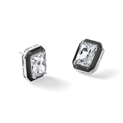 Sterling Silver Cheryl M Rhodium Plated Polished Black Enamel & CZ Post Earrings