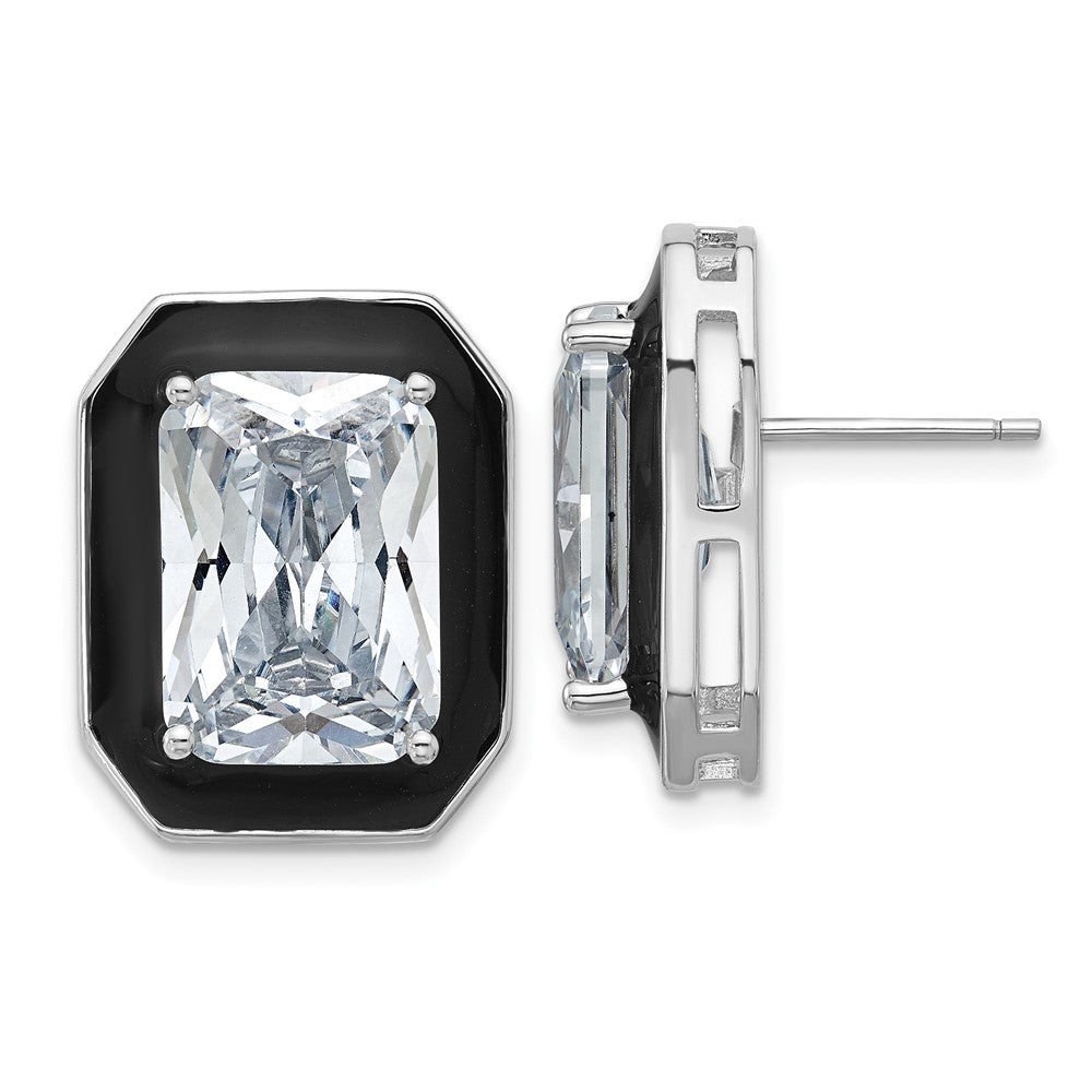 Sterling Silver Cheryl M Rhodium Plated Polished Black Enamel & CZ Post Earrings