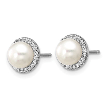 Sterling Silver Cheryl M Rh-Pltd Freshwater Cultured Pearl & CZ Post Earrings