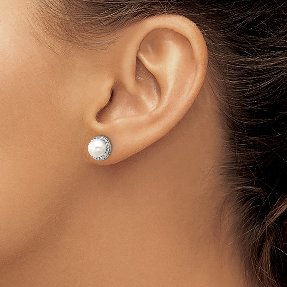 Sterling Silver Cheryl M Rh-Pltd Freshwater Cultured Pearl & CZ Post Earrings