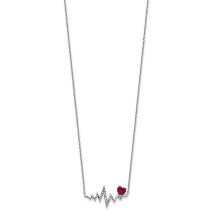 Sterling Silver Cheryl M Rhodium Plated Created Ruby & CZ Heartbeat Necklace