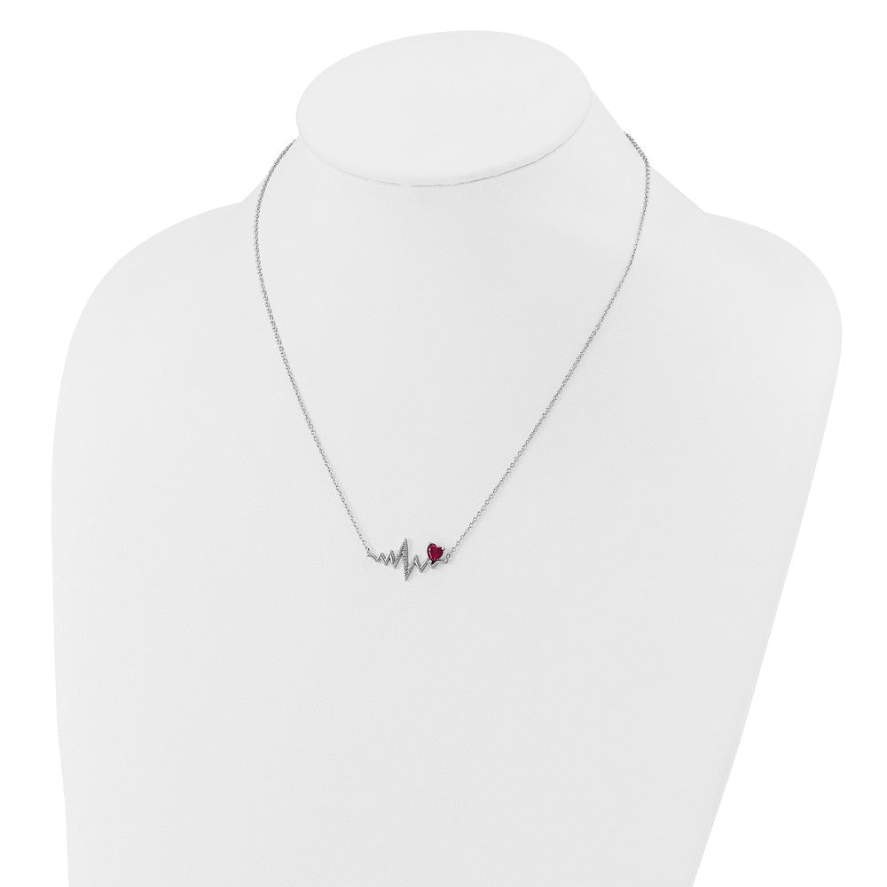 Sterling Silver Cheryl M Rhodium Plated Created Ruby & CZ Heartbeat Necklace