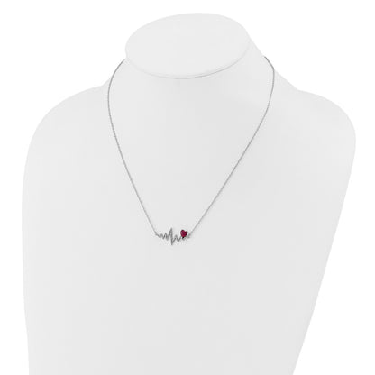 Sterling Silver Cheryl M Rhodium Plated Created Ruby & CZ Heartbeat Necklace