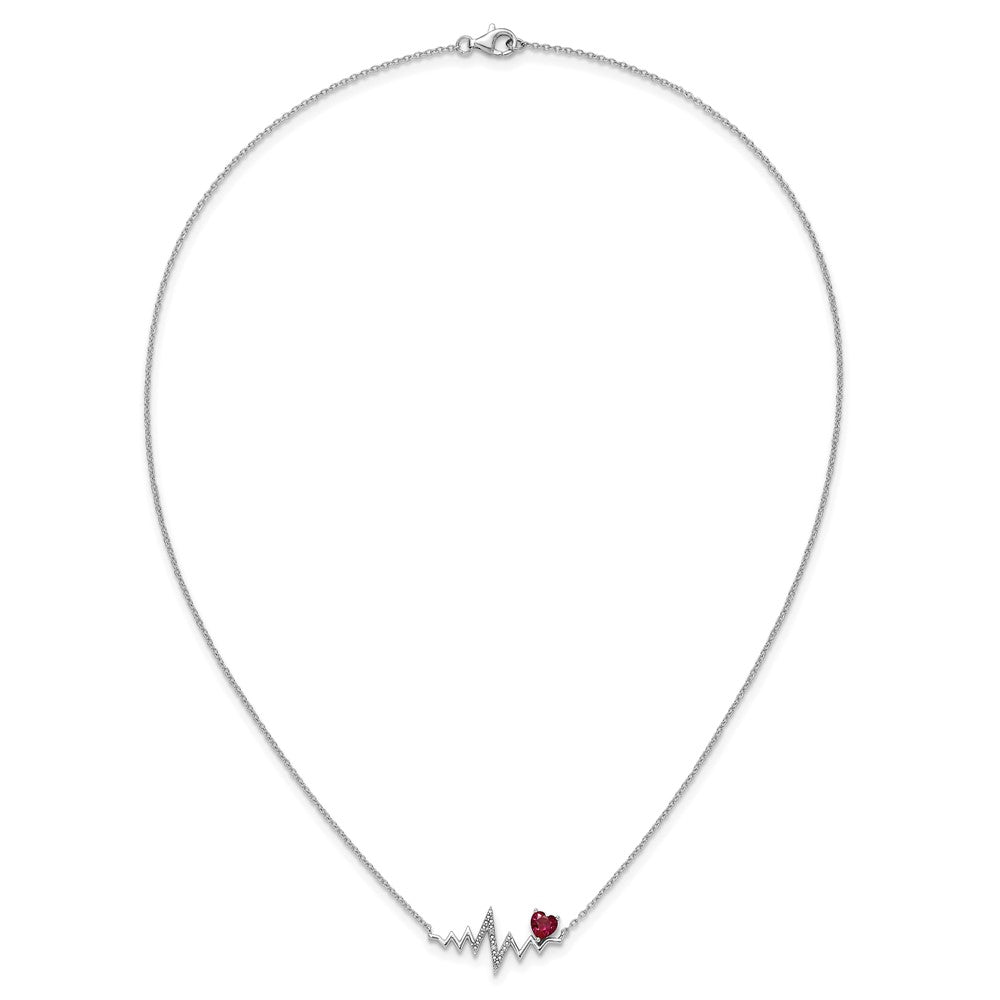 Sterling Silver Cheryl M Rhodium Plated Created Ruby & CZ Heartbeat Necklace