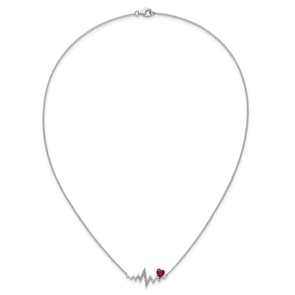 Sterling Silver Cheryl M Rhodium Plated Created Ruby & CZ Heartbeat Necklace
