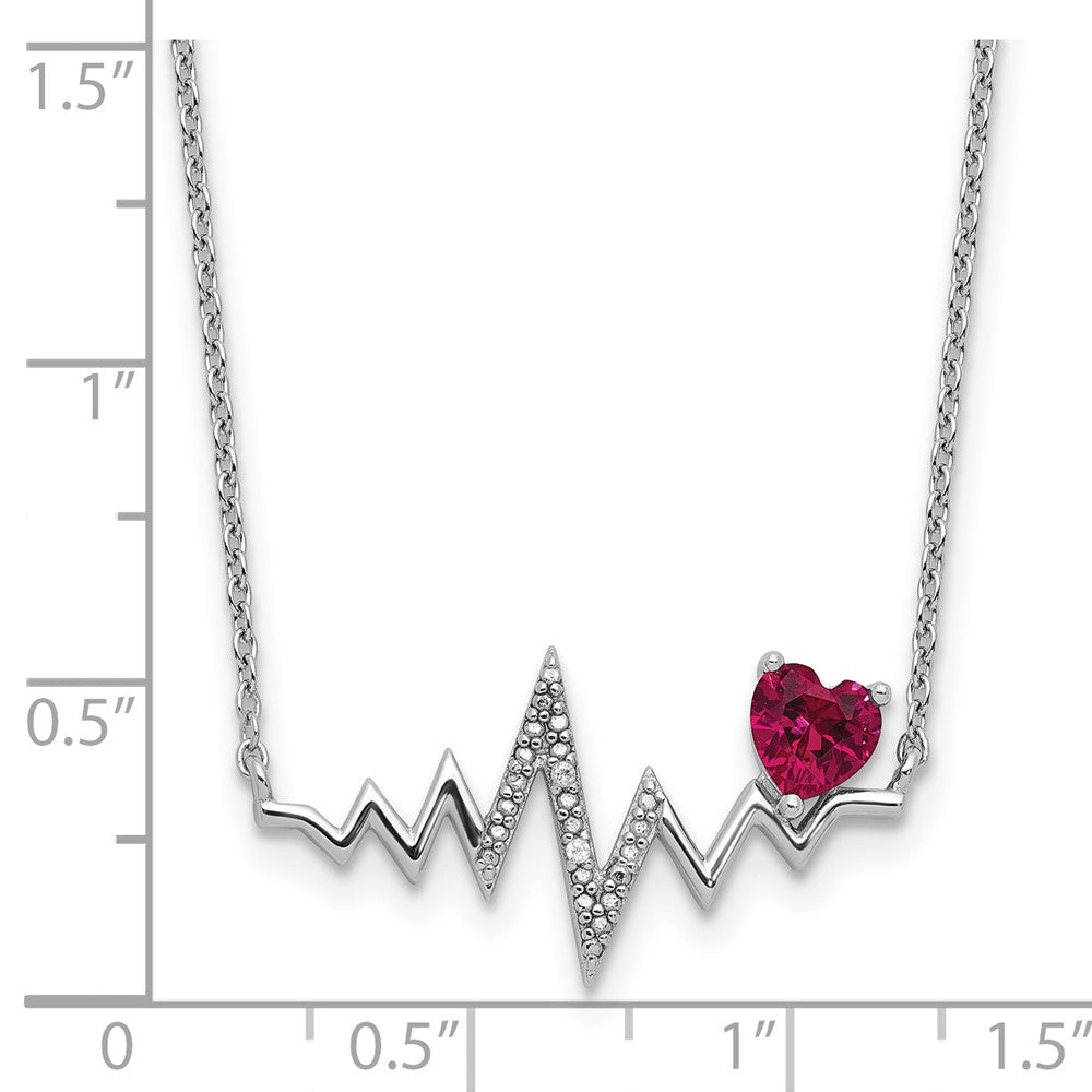 Sterling Silver Cheryl M Rhodium Plated Created Ruby & CZ Heartbeat Necklace