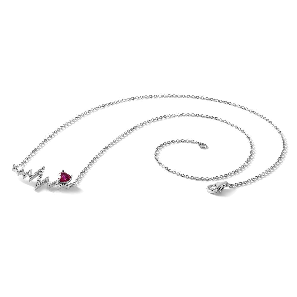 Sterling Silver Cheryl M Rhodium Plated Created Ruby & CZ Heartbeat Necklace