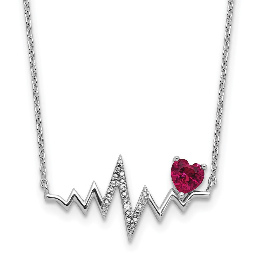 Sterling Silver Cheryl M Rhodium Plated Created Ruby & CZ Heartbeat Necklace