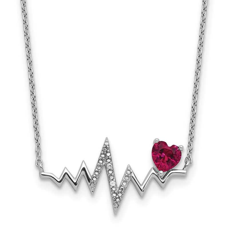 Sterling Silver Cheryl M Rhodium Plated Created Ruby & CZ Heartbeat Necklace