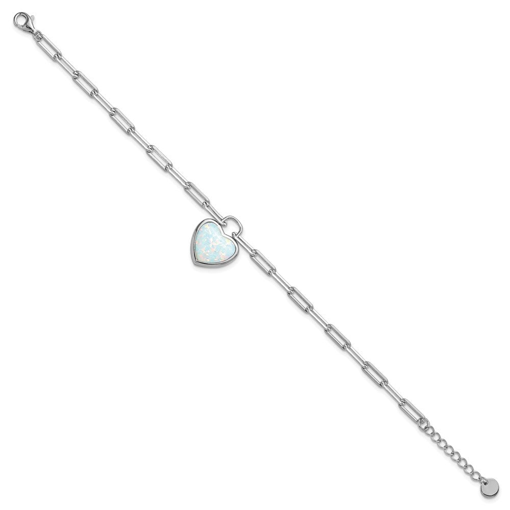 Sterling Silver Cheryl M Rh-Pltd Created Opal Heart Paperclip Link W/ 1in Ext Bracelet