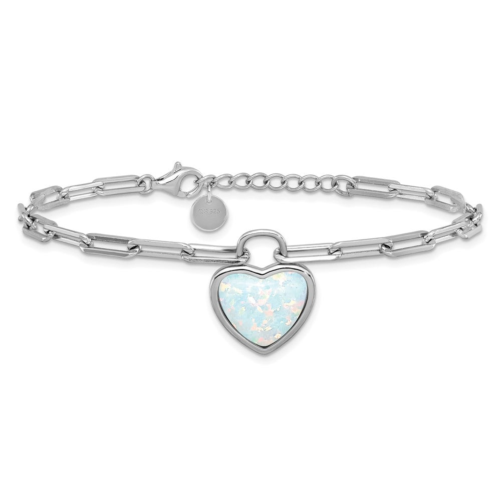Sterling Silver Cheryl M Rh-Pltd Created Opal Heart Paperclip Link W/ 1in Ext Bracelet