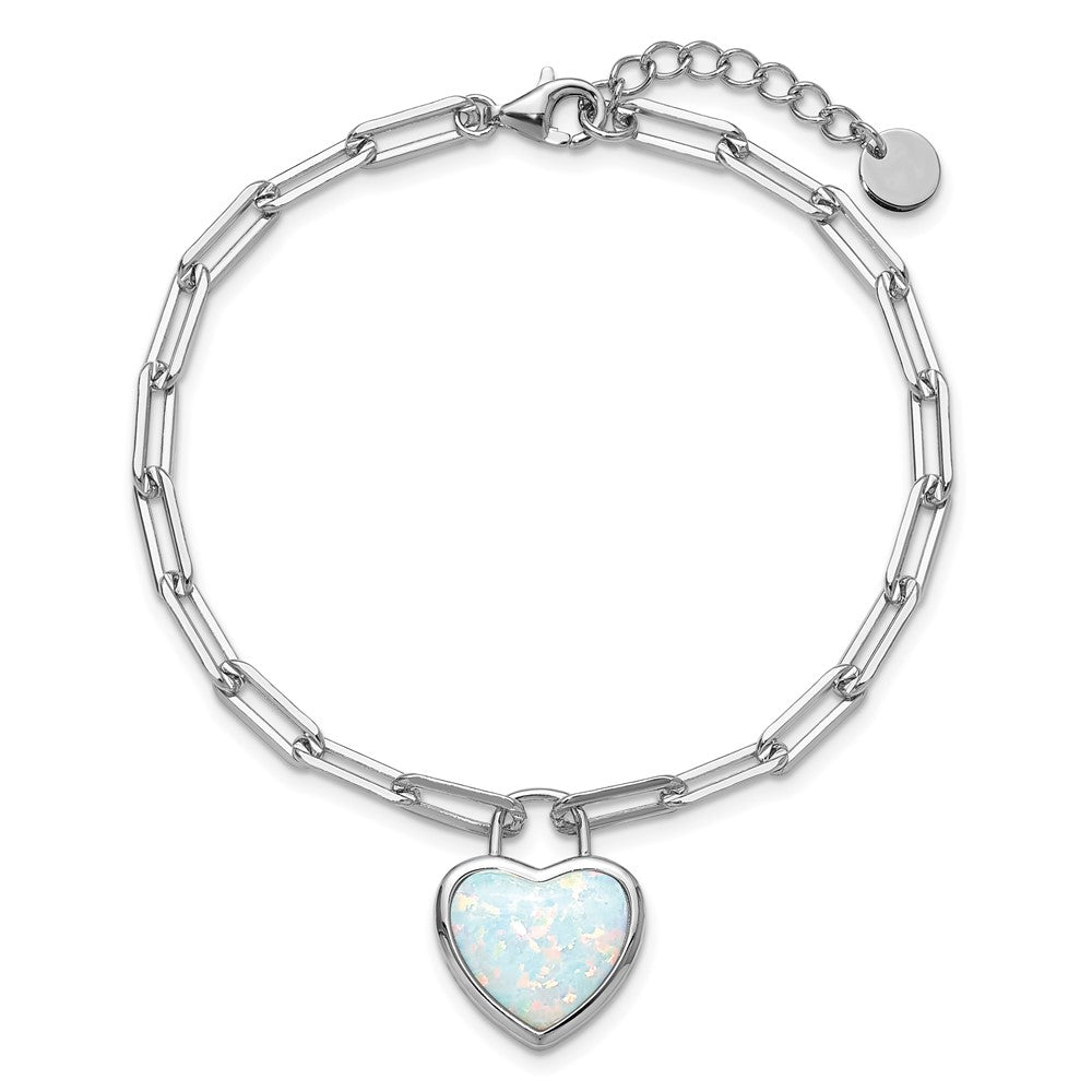Sterling Silver Cheryl M Rh-Pltd Created Opal Heart Paperclip Link W/ 1in Ext Bracelet