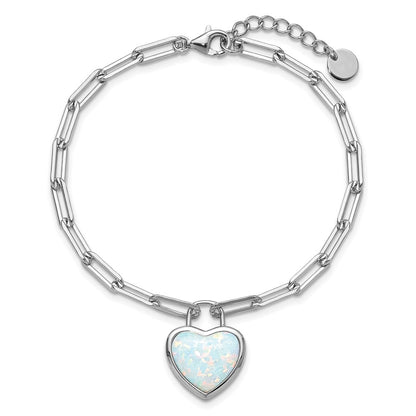 Sterling Silver Cheryl M Rh-Pltd Created Opal Heart Paperclip Link W/ 1in Ext Bracelet