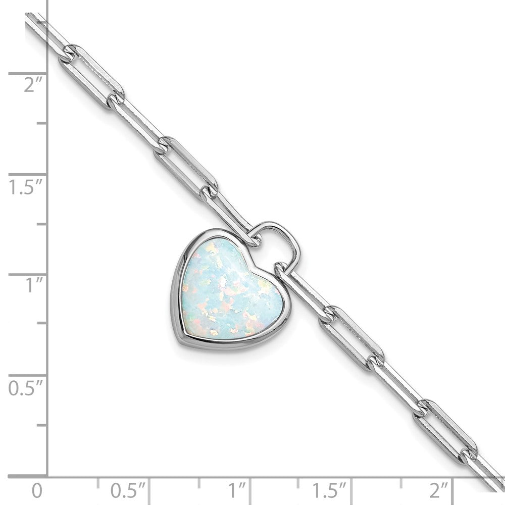 Sterling Silver Cheryl M Rh-Pltd Created Opal Heart Paperclip Link W/ 1in Ext Bracelet