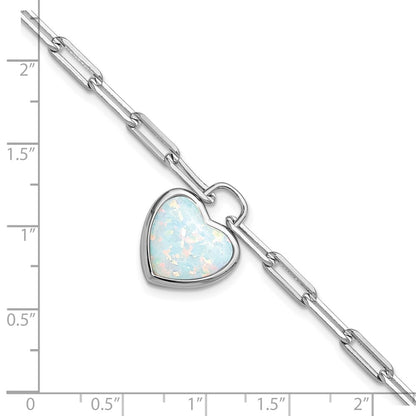 Sterling Silver Cheryl M Rh-Pltd Created Opal Heart Paperclip Link W/ 1in Ext Bracelet