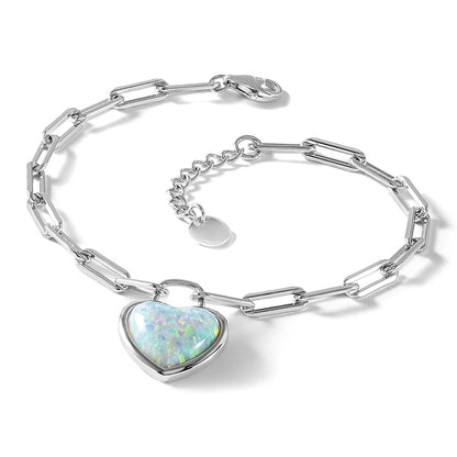 Sterling Silver Cheryl M Rh-Pltd Created Opal Heart Paperclip Link W/ 1in Ext Bracelet