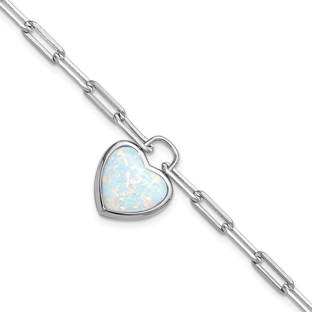 Sterling Silver Cheryl M Rh-Pltd Created Opal Heart Paperclip Link W/ 1in Ext Bracelet