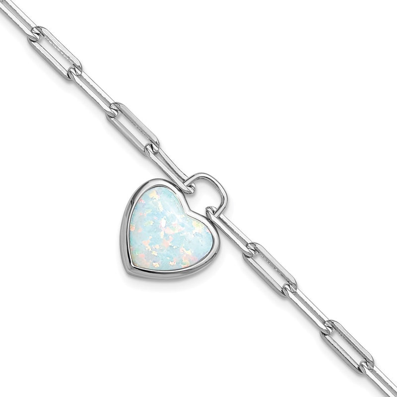 Sterling Silver Cheryl M Rh-Pltd Created Opal Heart Paperclip Link W/ 1in Ext Bracelet