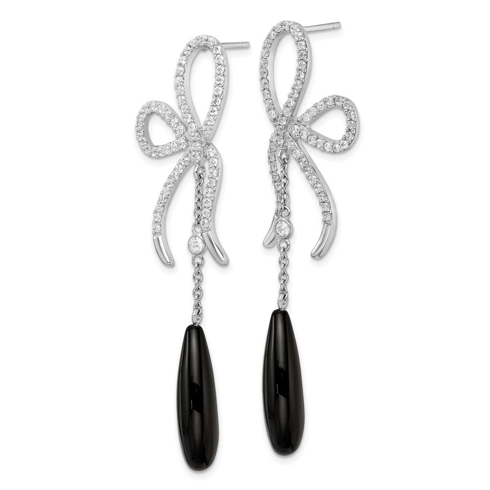 Sterling Silver Cheryl M Rhodium Plated Polished Onyx & CZ Bow Post Dangle Earrings