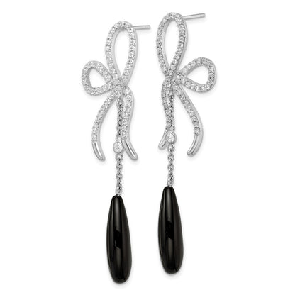 Sterling Silver Cheryl M Rhodium Plated Polished Onyx & CZ Bow Post Dangle Earrings