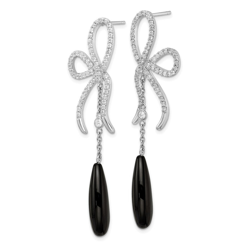 Sterling Silver Cheryl M Rhodium Plated Polished Onyx & CZ Bow Post Dangle Earrings