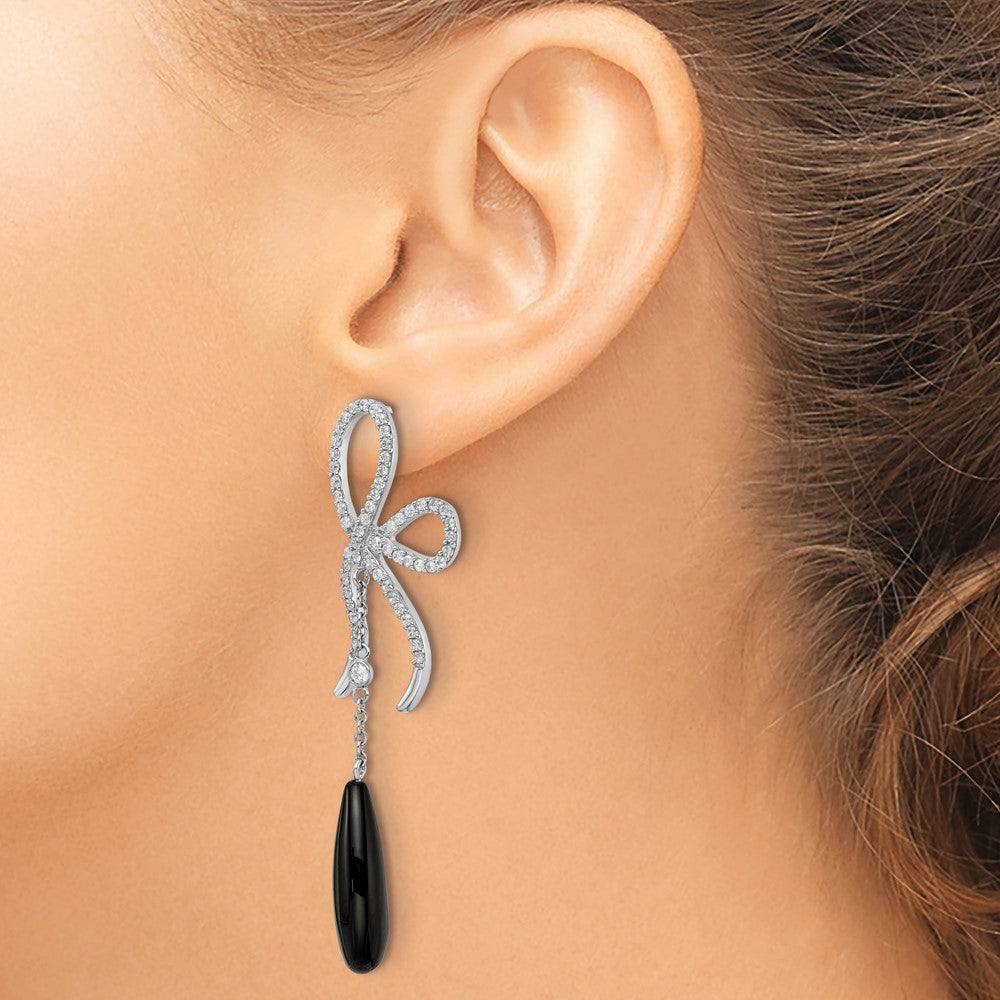 Sterling Silver Cheryl M Rhodium Plated Polished Onyx & CZ Bow Post Dangle Earrings
