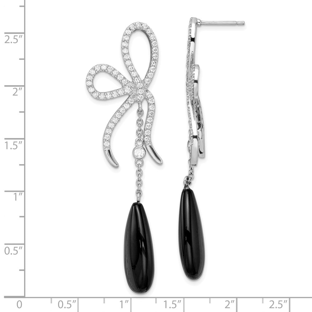 Sterling Silver Cheryl M Rhodium Plated Polished Onyx & CZ Bow Post Dangle Earrings