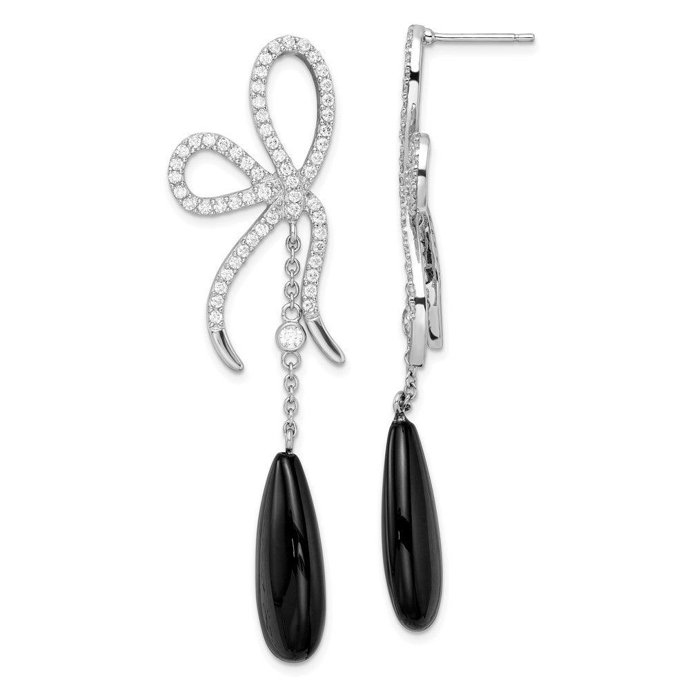 Sterling Silver Cheryl M Rhodium Plated Polished Onyx & CZ Bow Post Dangle Earrings