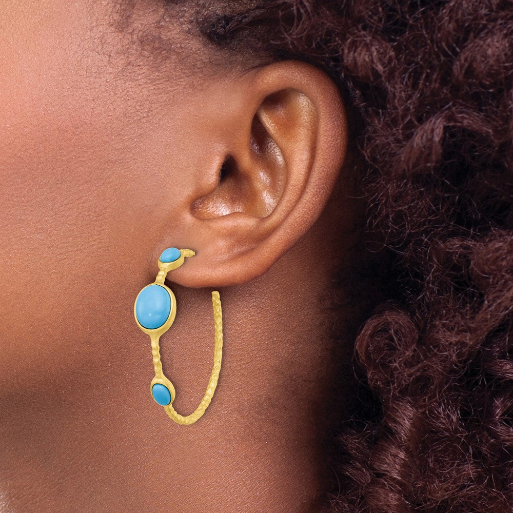 Sterling Silver Cheryl M Gold-Plated Brushed Lab Cr. Turquoise C-Hoop Earrings