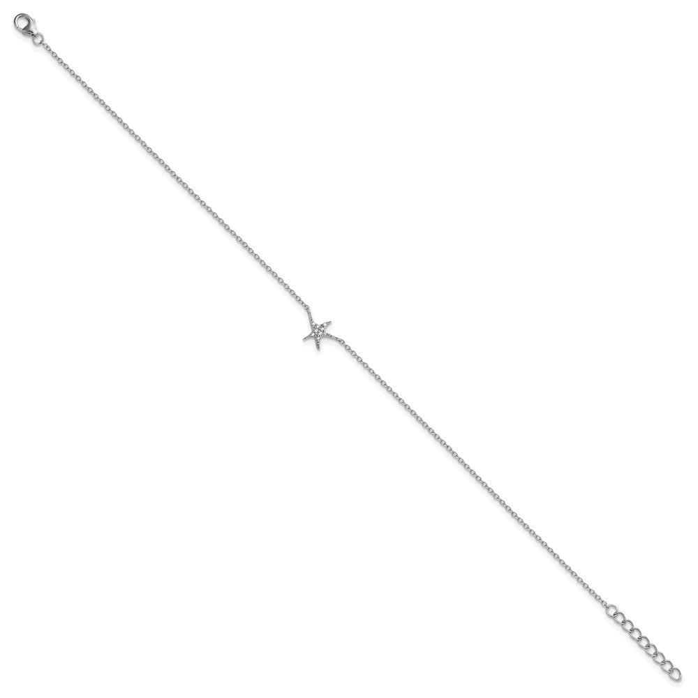 Sterling Silver Cheryl M Rhodium Plated CZ Starfish 9.5in W/ 1in Ext Anklet