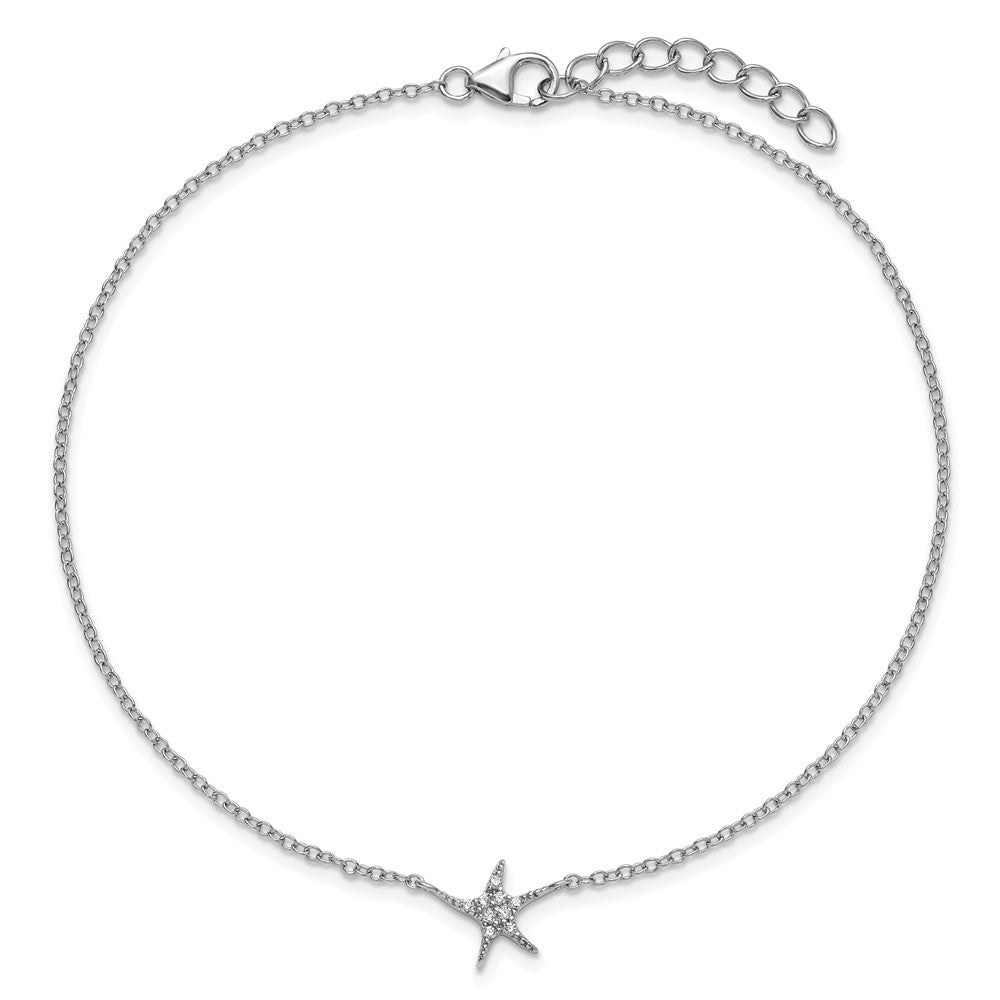 Sterling Silver Cheryl M Rhodium Plated CZ Starfish 9.5in W/ 1in Ext Anklet